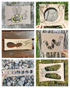 four pictures of different designs on paper and some rocks with the words bee in them