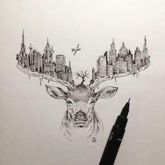 a drawing of a deer with city skylines in the background