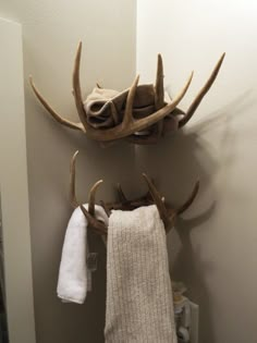 two deer antlers mounted to the side of a bathroom wall next to a towel rack