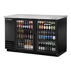 the beverage cooler has two doors and three shelves for beverages to be stored on top