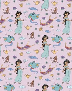 an image of disney princess pooh and pooh bear pattern on pink background with blue,