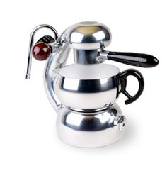 a silver coffee pot with a red ball in the top and handle on it's side