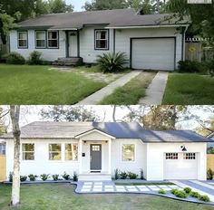 before and after pictures of a white house with gray roof, front door and side yard