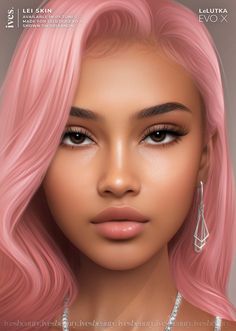 a woman with pink hair and earrings on her face is shown in this digital rendering