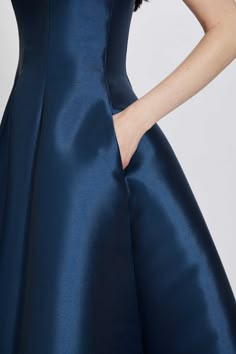 Mikado multiple seamed square-neck, A-line gown. Shown in French Blue.