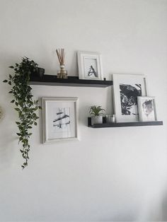 three black shelves with pictures and plants on them against a white wall in a living room