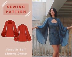 the sewing pattern is shown with an image of a woman wearing a dress and shawl