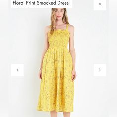 Bnwt Yellow Midi Smocked Floral Dress Spring Yellow Midi Dress With Smocked Back, Vacation Yellow Smocked Dress With Ruched Details, Yellow Smocked Sundress For Brunch, Spring Smocked Dress For Daywear, Spring Sundress With Smocked Bodice For Daywear, Casual Yellow Midi Dress With Smocked Back, Yellow Smocked Dress For Spring, Yellow Smocked Sundress, Spring Flowy Smocked Sundress