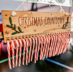 Christmas Countdown Candy Canes Candy Cane Christmas Countdown Sign, Candy Cane Advent Calendar Diy, Candy Cane Advent Calendar, Christmas Count Down, Wooden Candy Canes, Christmas Countdown Ideas, Shutters Decor, Holiday Woodworking Projects, Woodworking Christmas Gifts