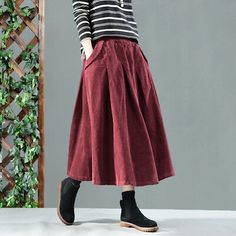 Vintage Womens Corduroy Swing Pleated Skirt Loose Casual Baggy Midi Dress Chic | eBay Winter Cotton Skirt With Pockets, Fall Cotton Skirt In Solid Color, Winter Corduroy Dress With Pockets, Casual Corduroy Winter Dress, Casual A-line Skirt For Winter, Cotton Midi Skirt For Fall, Long Skirt Winter, Tall Women Fashion, Long Linen Skirt