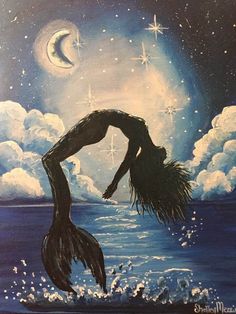 a painting of a mermaid diving into the ocean at night with stars and moon in the sky