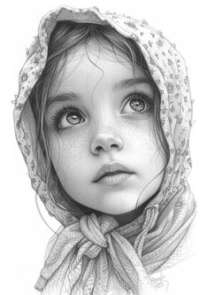 a pencil drawing of a girl with blue eyes and a scarf on her head, wearing a headscarf