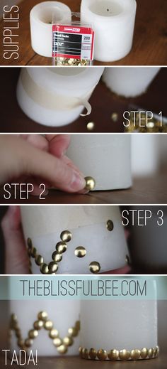 the steps to make a diy candle holder with gold dots and beads on it