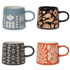 four coffee mugs with designs on them are shown in three different colors and shapes