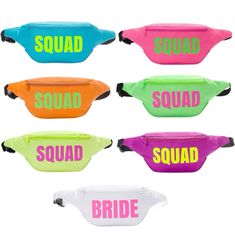 six different colored fanny bags with the words squad on them in black, white, pink, green, blue, and yellow