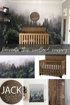 a collage of photos with the words decorate this woodland nursery