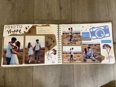 an open photo book with pictures of people in the background and words that read,'photo shoot '