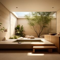 a bathroom with a tree in the middle and plants on the wall behind it,