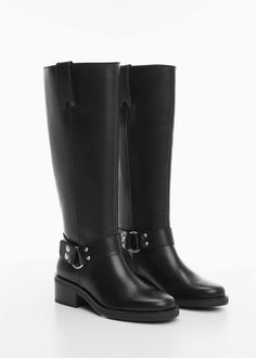 Buckles leather boots -  Women | Mango USA Mango Boots, Cute Winter Boots, Biker Design, Leather High Heel Boots, Leather Boots Heels, Buckle Ankle Boots, Black Knee High Boots, Black Knees, Leather Boots Women