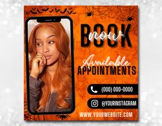 an orange and black halloween photo card with the text book available for appointments