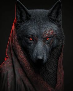 a black wolf with red eyes wearing a shawl