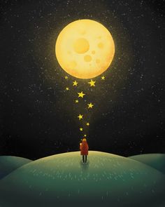 a person standing on top of a hill under a large yellow moon with stars coming out of it