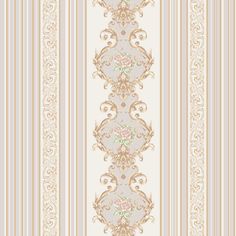 an ornate striped wallpaper with flowers and scrolls on the side, in beige tones