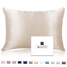 an image of a pillow with the company's logo on it and color options for each pillow