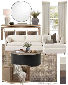 the living room is decorated in neutral tones