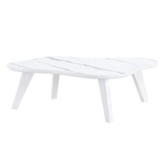 a white marble coffee table with wooden legs and an oval shaped design on the top