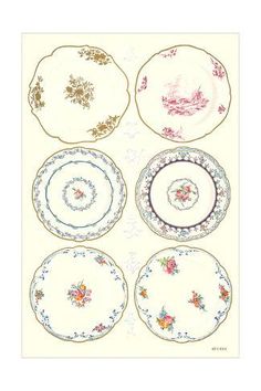 four plates with different designs on them, one is white and the other has pink flowers