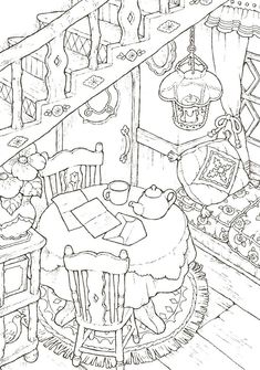 a black and white drawing of a bear reading at a table in a room filled with teddy bears