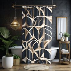 a bathroom with a bathtub, shower curtain and potted plants on the floor