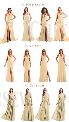 the different types of dresses are shown in this image, and there is also an info sheet