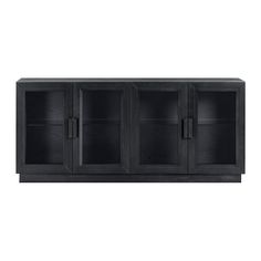 a black cabinet with three doors and two shelves on one side, in front of a white background