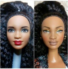 two dolls with different hair styles and make - up on their faces, one is wearing a headband