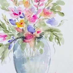 a watercolor painting of flowers in a vase