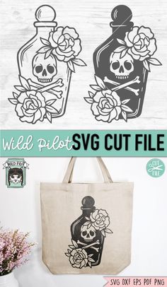 a tote bag with two skulls and flowers on it, next to the words wild cuts