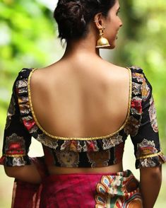 Blouse Designs Front And Back, ब्लाउज बैक नेक डिजाइन, Kalamkari Blouse Designs, Black Blouse Designs, Indian Blouse Designs, Kalamkari Blouse, Blouse Designs Catalogue, Sari Design