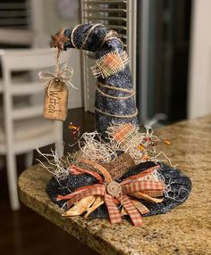 a scarecrow hat sitting on top of a counter