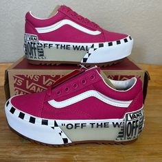 Reasonable Offers Welcomed Brand New In Box Vans Platform Logo Stacked Hot Pink Woman’s 5 Limited Collection Unique Vans Old School Platform, Blue High Top Vans, Velvet Vans, Vans Platform, Tennis Vans, Low Top Vans, White Platform Shoes, Vans Old School