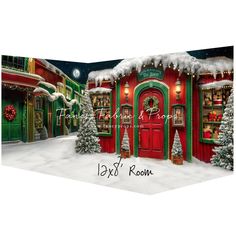 a christmas scene with a red door and snow covered trees in front of the store