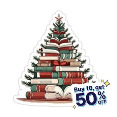 a christmas tree made out of books with the words buy 10 get 50 % off