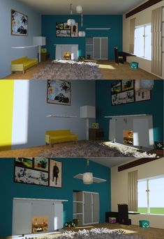 three different views of a living room with blue walls