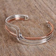 Sterling Silver and Copper Cuff Bracelet from Mexico - Copper Stream | NOVICA Silver And Copper Jewelry, Wrapping Tutorial, Wrapped Rings, Spoon Art, Modern Bracelets, Copper Cuff Bracelet, Jewellery Inspiration, Silver Jewelry Design, Copper Cuff