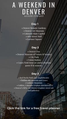 a poster with the words weekend in denver on it and an image of a building