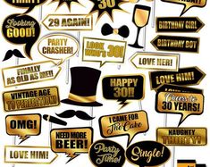 gold and black party photo booth signs with champagne glasses, top hats, mustaches