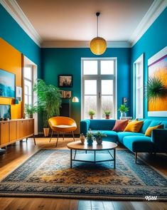 a living room with blue walls and yellow accents