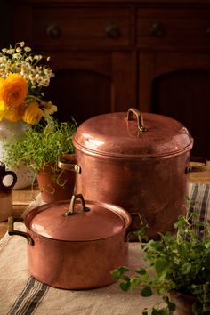 copper pots and pans are sitting on a table