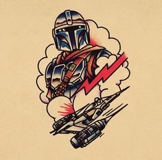 a drawing of a star wars boba fett flying through the sky with rockets